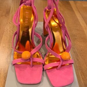 Gianni Bini Pink Suede Strappy Heels with Orange Bead Accent